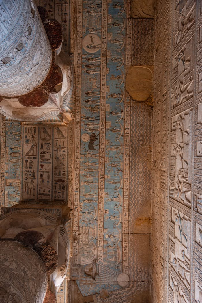 A detailed view of the decorated ceiling of Hathor Temple in Dendera, showcasing ancient Egyptian art.